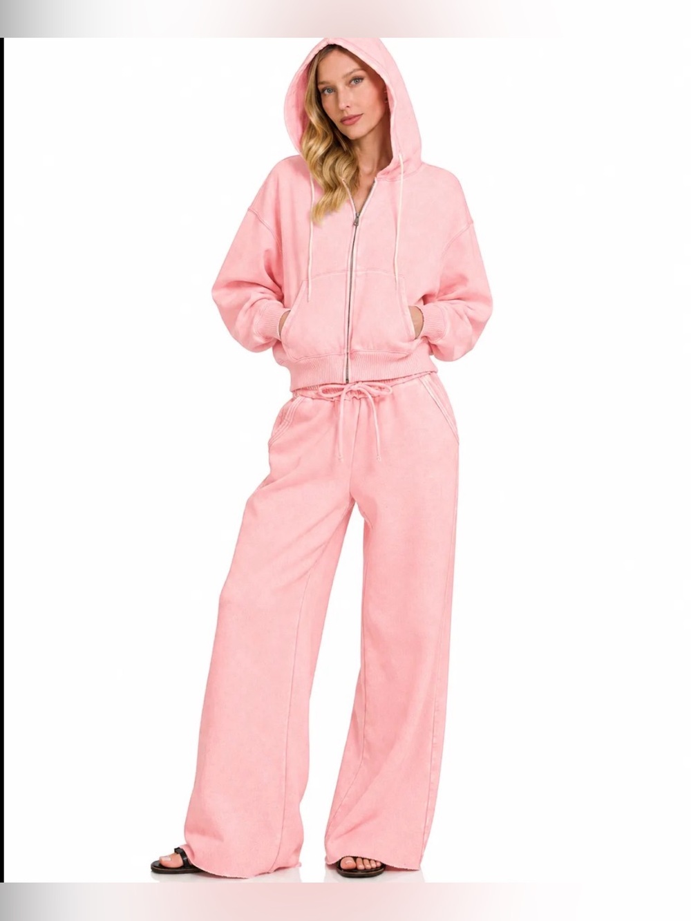 New Zenana Zip-Up Hooded Sweatshirt + Wide Leg Palazzo Pant Set ~ DK Pink